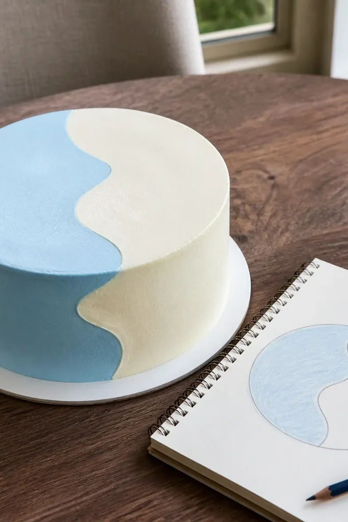 Cake with two frosting colors separated by a straight wavy boundary line