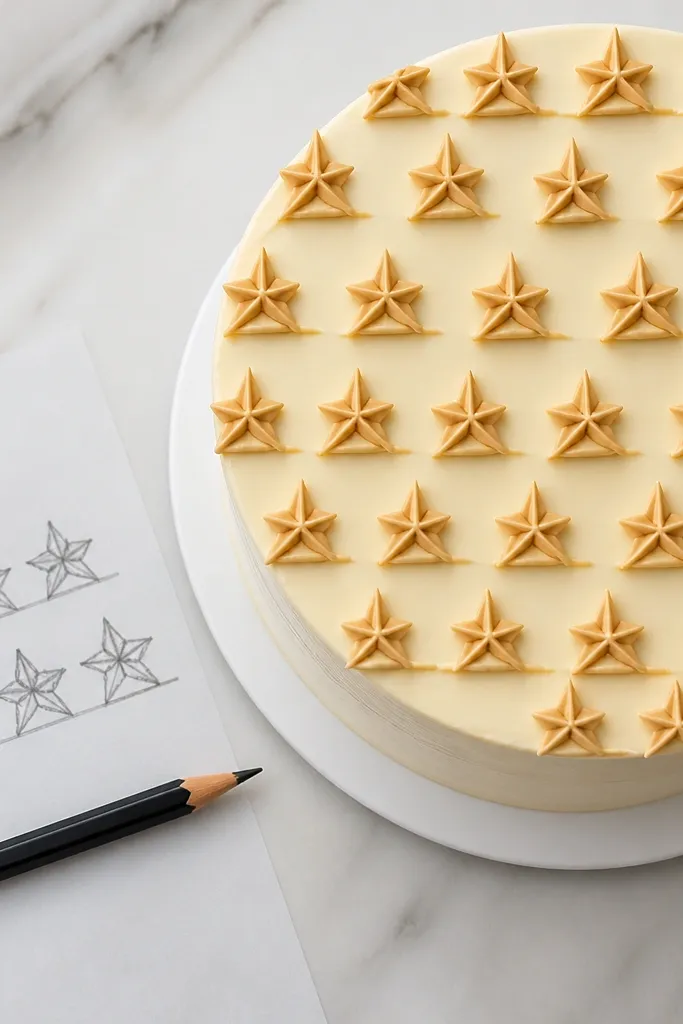 Round cake top with a repeating piped star pattern around the edge