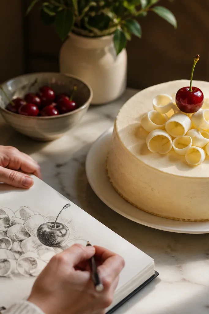 Cake top with whipped cream curls and one cherry at the center