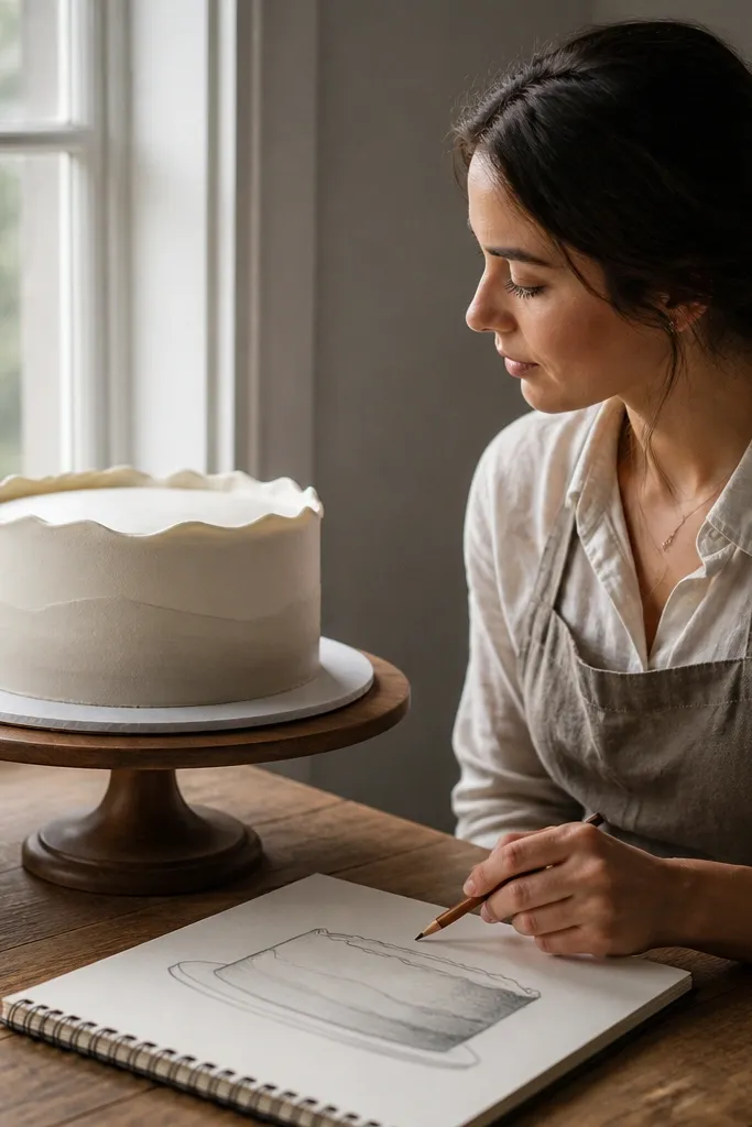 Round cake with a wavy frosting edge and soft side shading