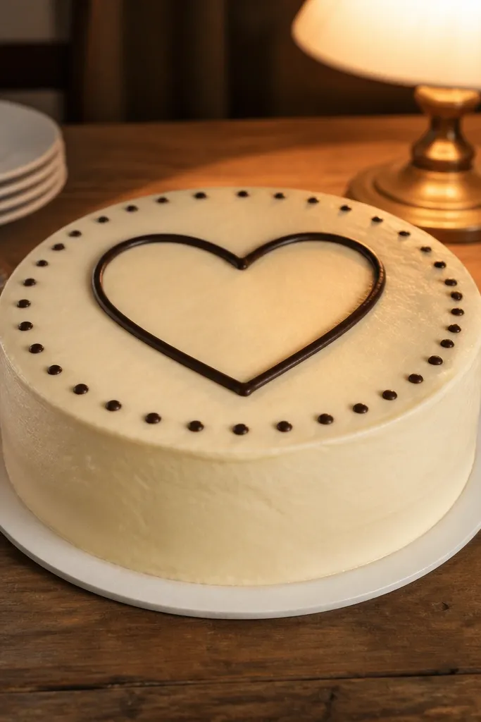 White cake top with a black heart outline and small dots forming a halo