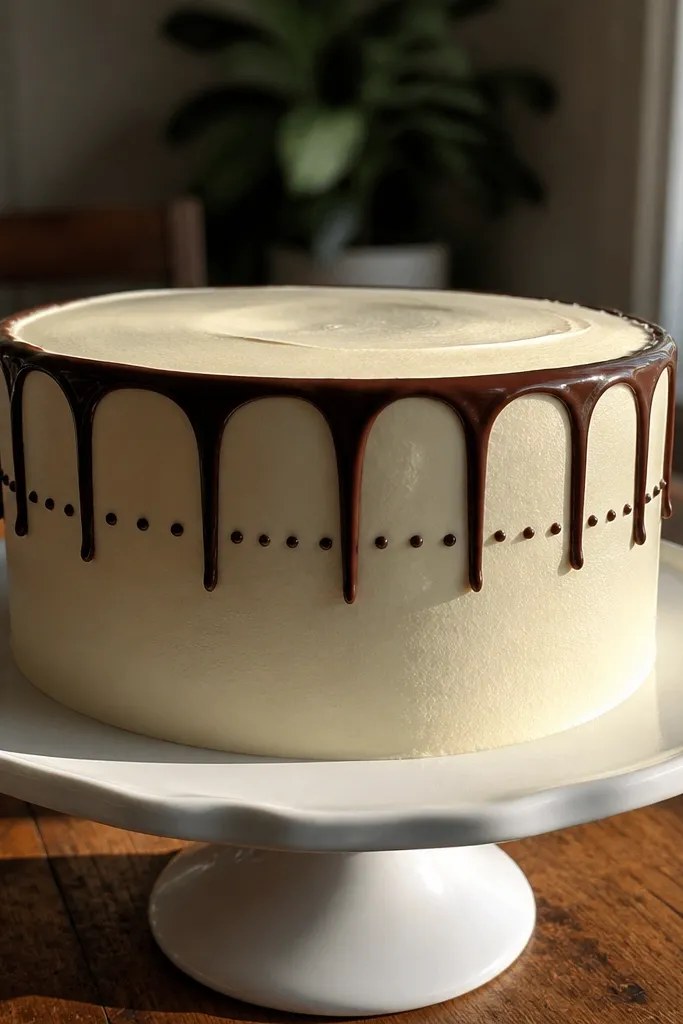 Brown cake top with three thick drip shapes and a simple white dot line
