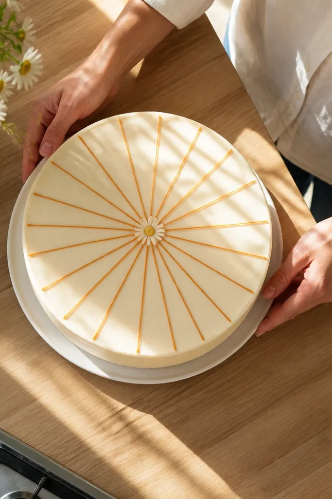 Light cake top with thin orange sun rays and a small flower in the center