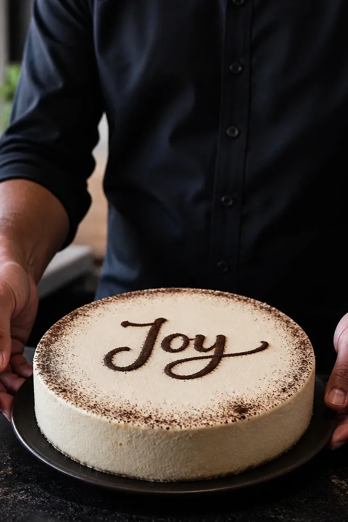 Cake top with a single cursive word in dark icing and a sweeping tail