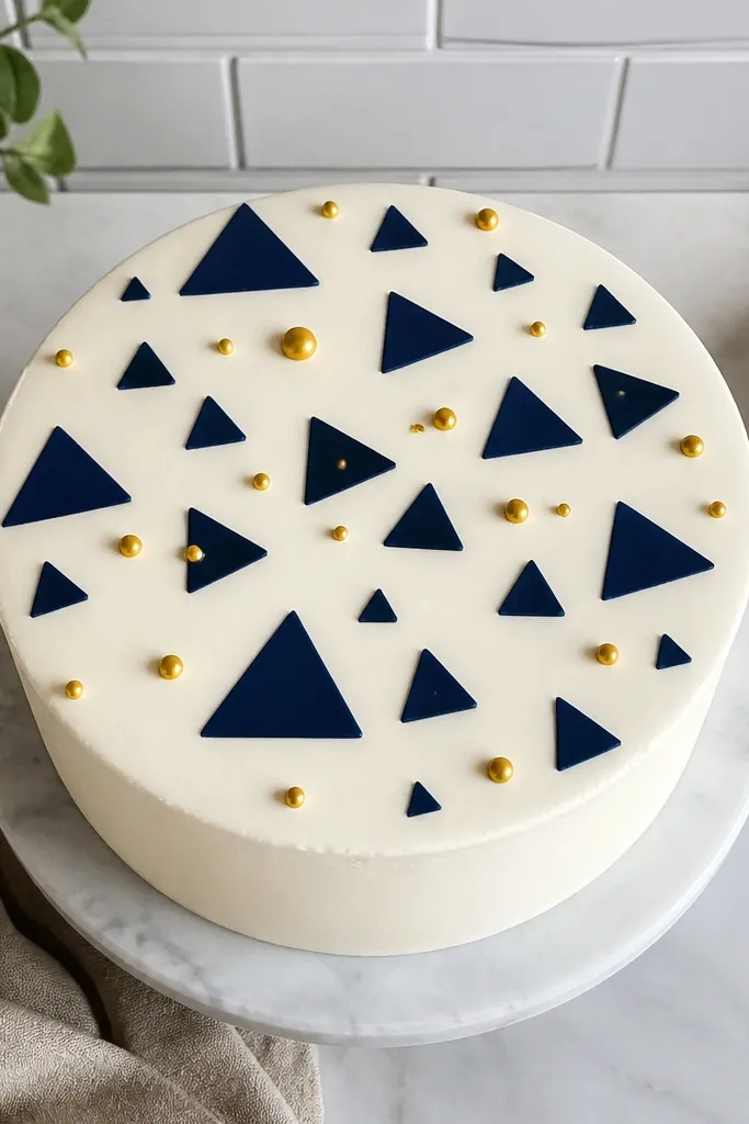 Cake top with scattered small triangles in three colors and a clean white base