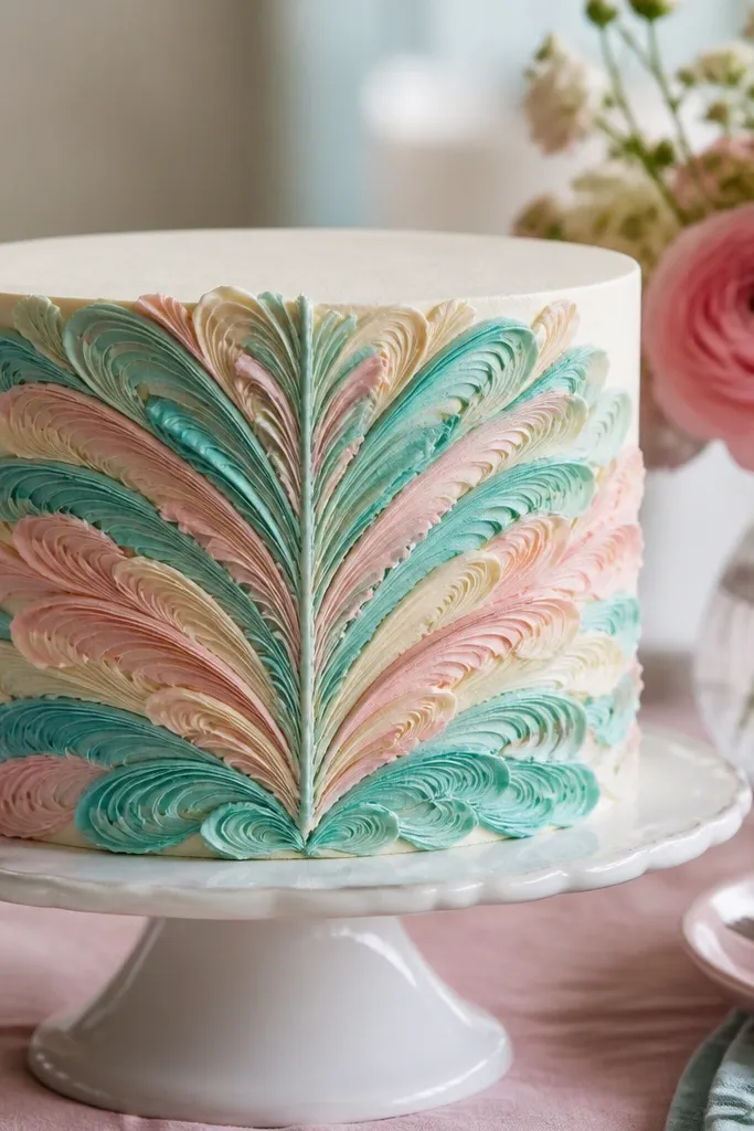 Cake top with a spread feather shape drawn in pastel buttercream lines