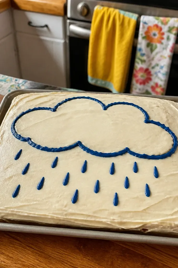 Cake top with a simple outline cloud and small raindrop lines in blue