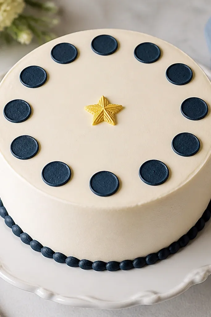 Cake top with a ring of evenly spaced dots and a small central star