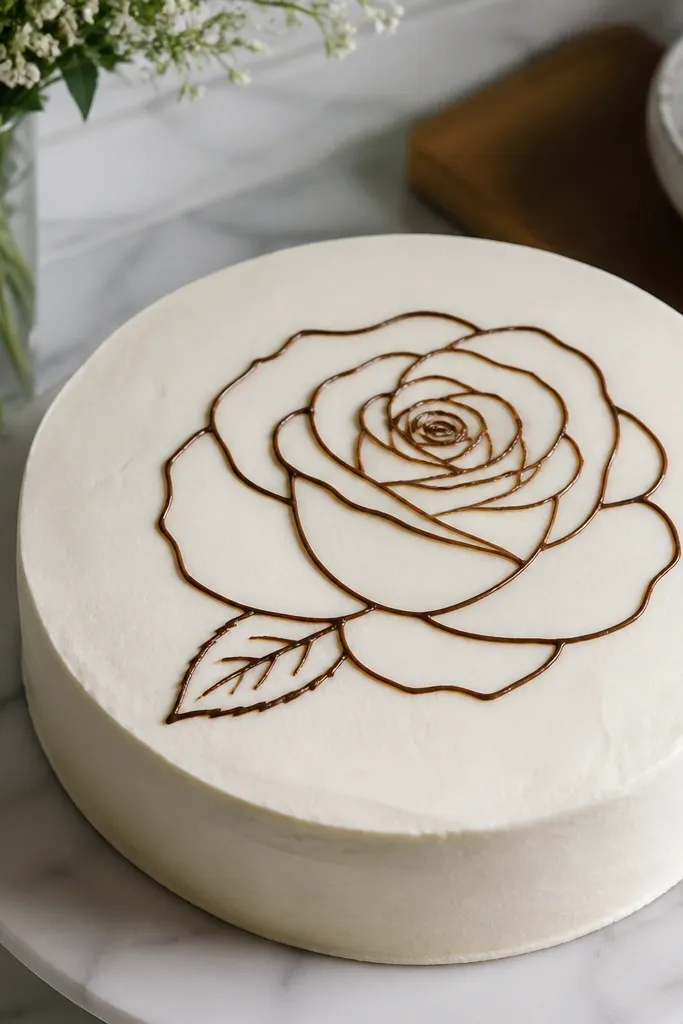 White cake top with a single dark rose outline and small leaf lines