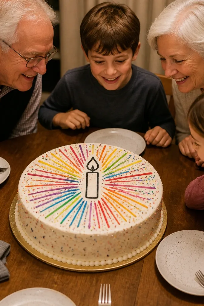Cake top with a small candle outline and radiating starburst lines