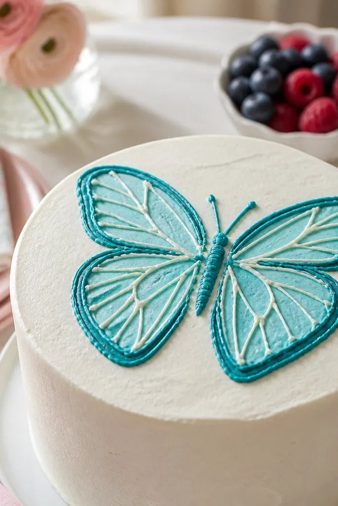 Cake top with two butterfly wings drawn with vein lines in purple