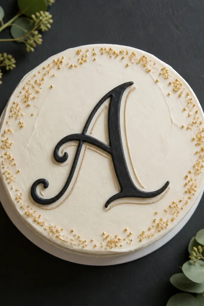 Cake top with a large initial in dark icing and a light offset shadow
