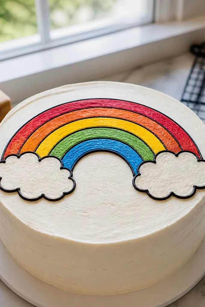 Cake top with a curved rainbow arc and two simple outlined clouds