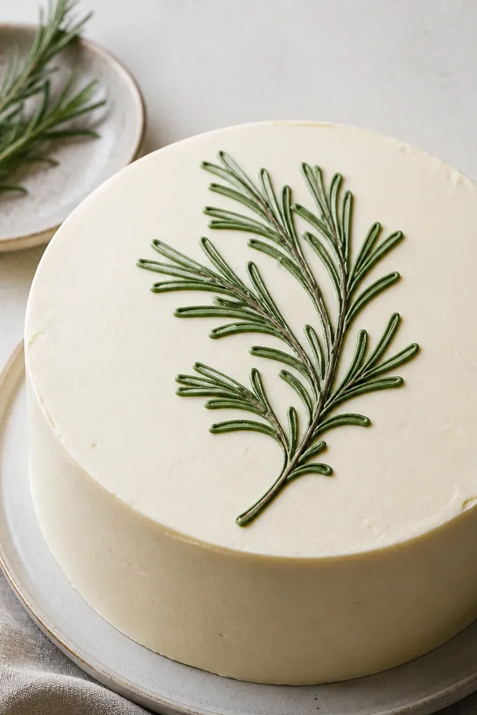 Cake top with a single green rosemary sprig drawn in thin lines and small leaves