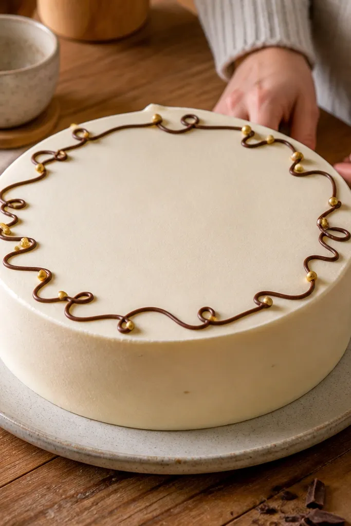 Cake top with a wavy cocoa border line and small gold dots inside
