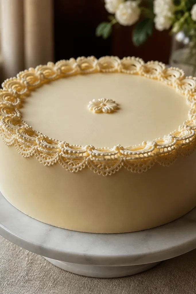 Cake top with a lace-like scallop edge and one small piped flower in the middle