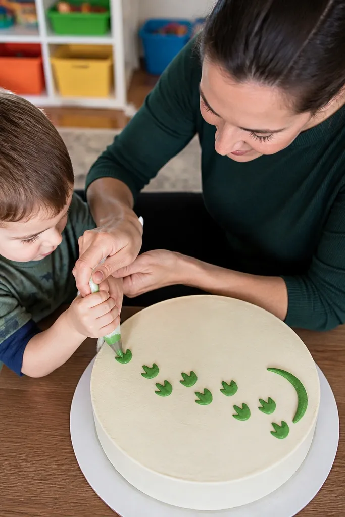 Cake top with small three-toed dinosaur footprints in green and a simple tail line