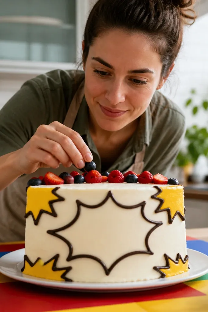 Cake top with thick comic-style bubble outline and small star bursts