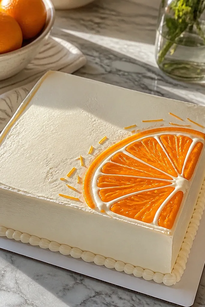 Two citrus slices in a corner with thin zest lines and a white glaze highlight.