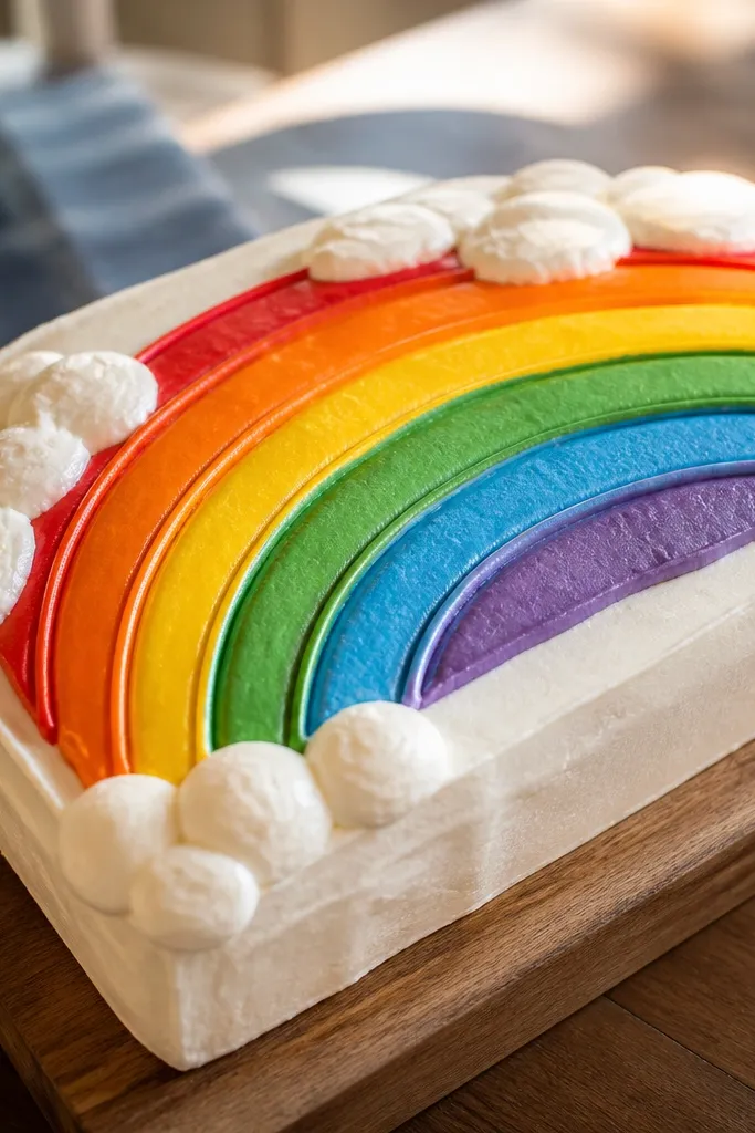 Colorful rainbow arc with soft white clouds on a frosted cake