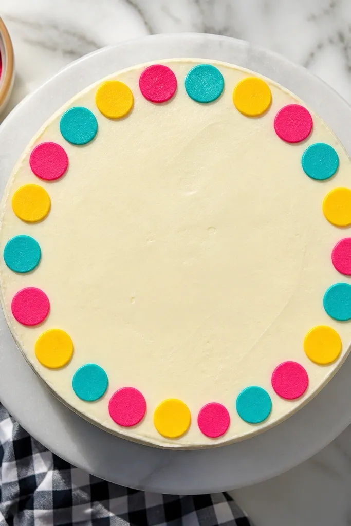 Frosted cake top with evenly spaced colorful polka dots around the edge