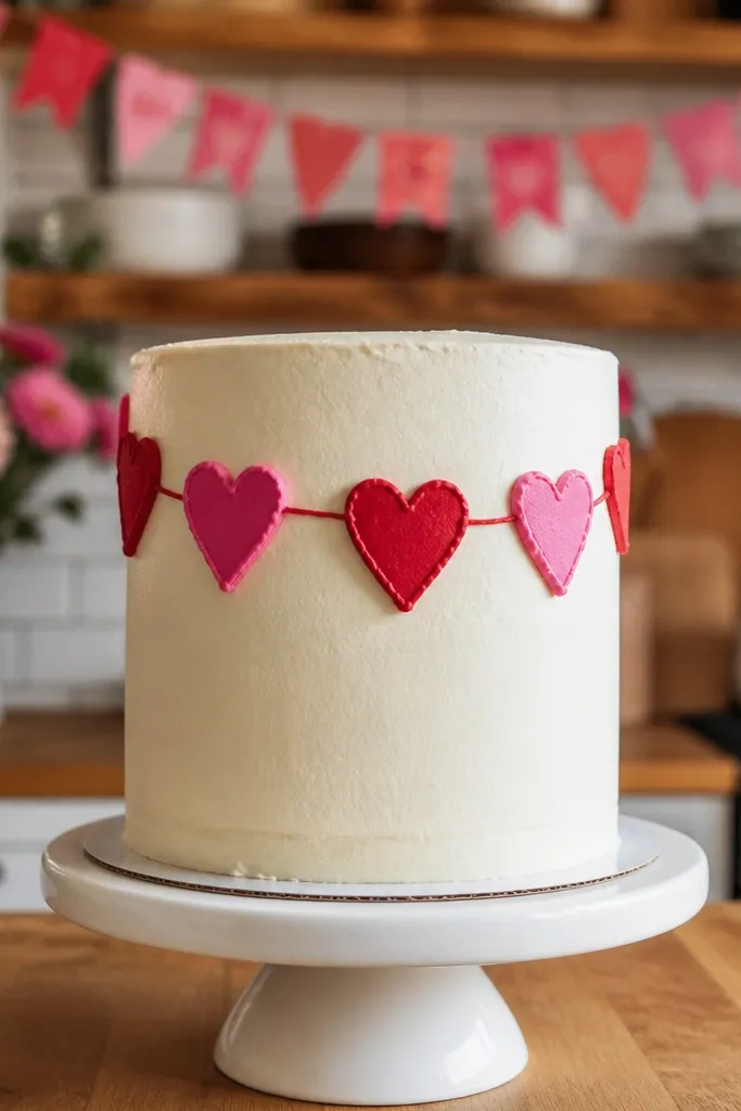 Row of hearts connected like a garland across a frosted cake