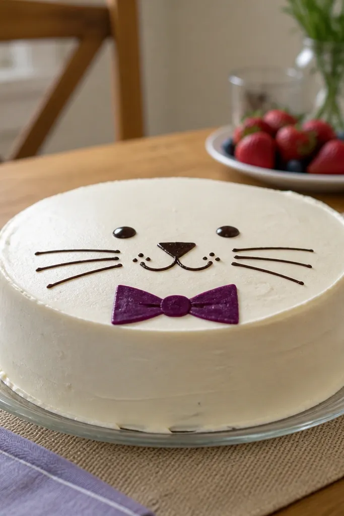 Cute cat face with whiskers, dot eyes, and a small bow tie