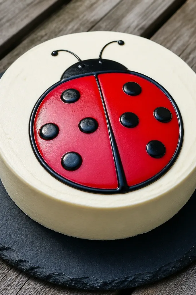 Ladybug drawing with red body and black dot wings on frosting