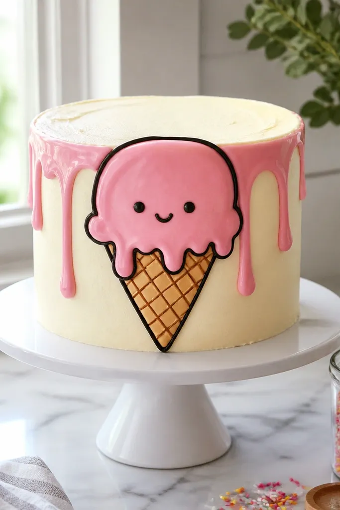 Ice cream cone outline with colorful drips and a simple smiley face