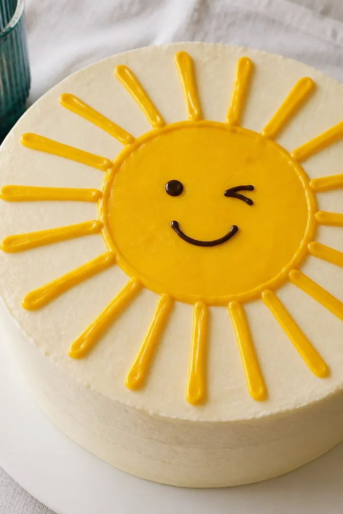 Yellow sun circle with short rays and a small smiling face