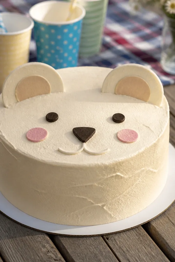 Simple teddy bear face with round ears and a dot nose on frosting