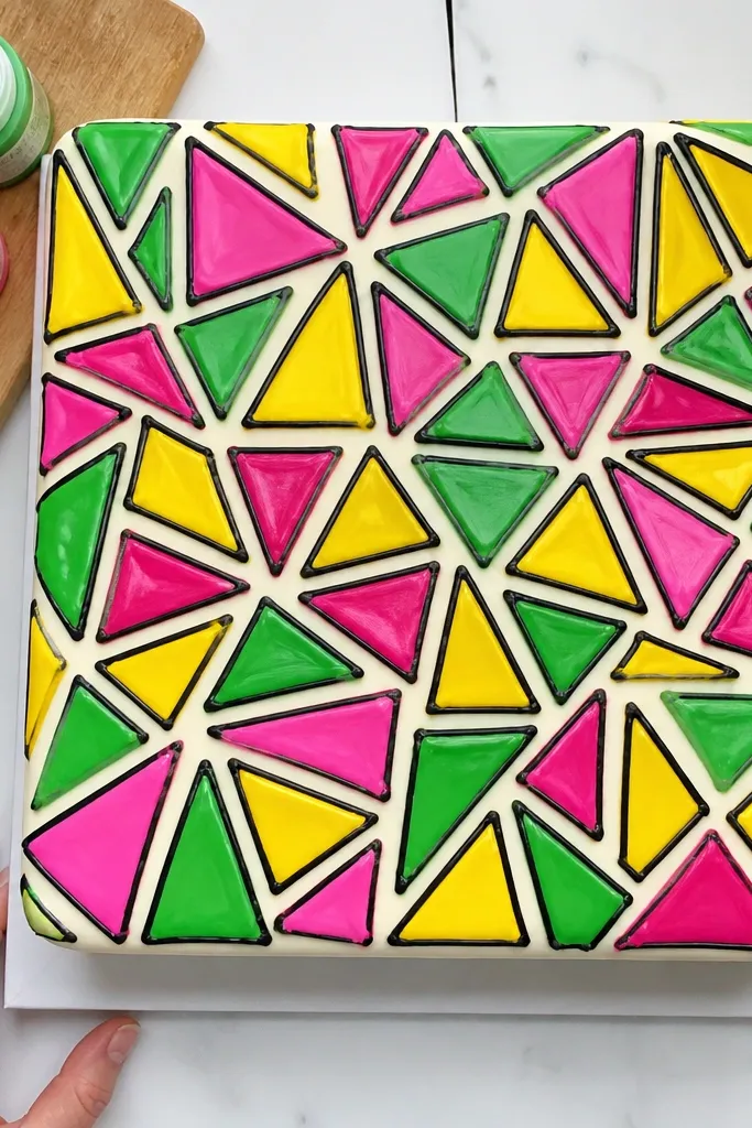 Colorful triangle confetti pattern across a frosted cake top