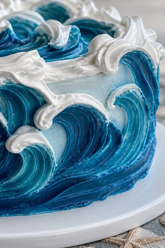 Blue wave lines with white foam curls on a frosted cake