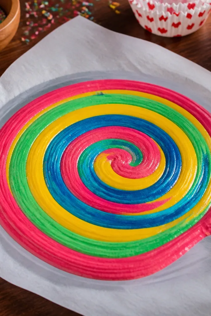Spiral lollipop rainbow swirl drawn on cake frosting