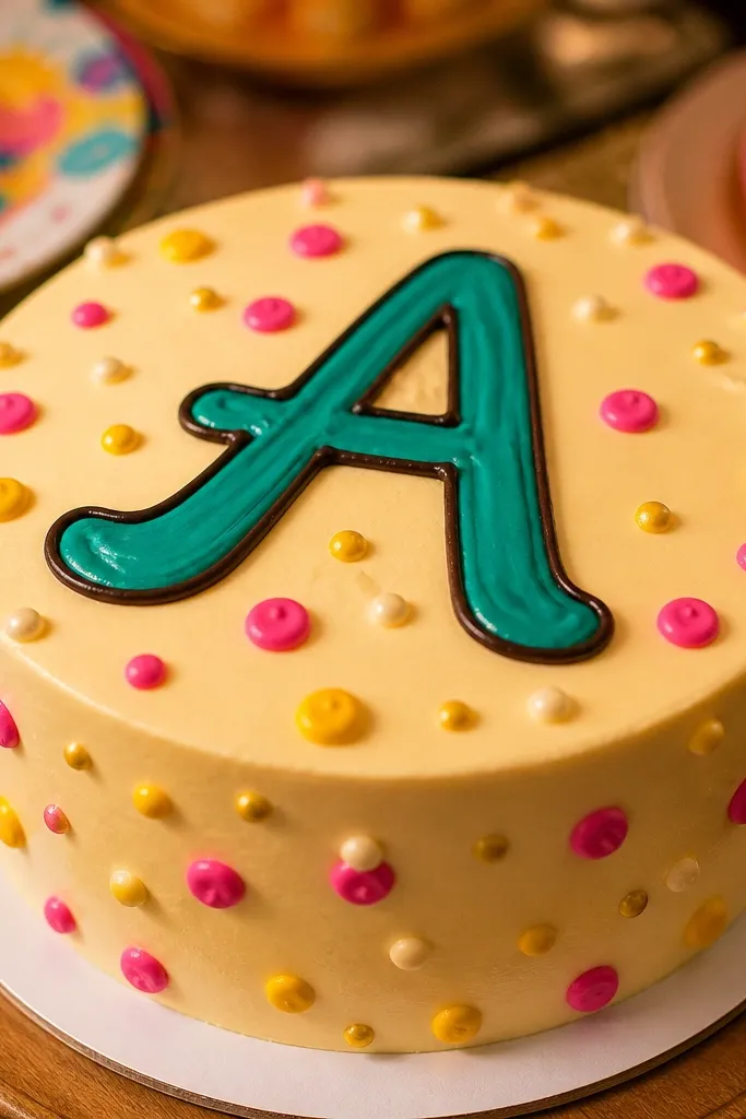 Large initial letter with confetti dots around it on frosting