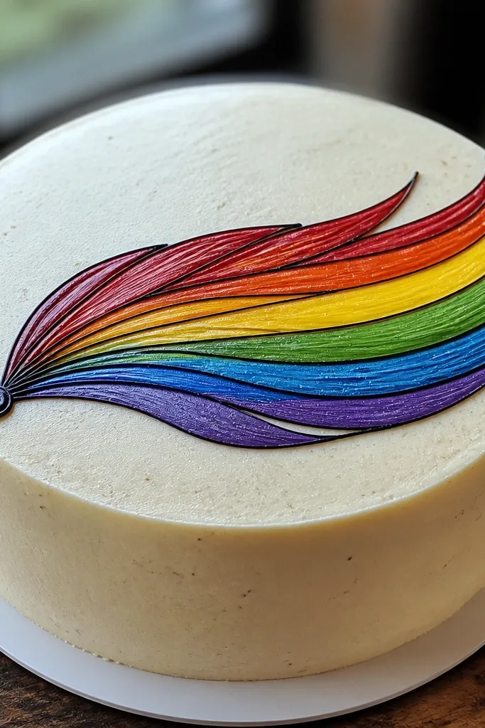 Feather-shaped rainbow design with a dot in the center on frosting