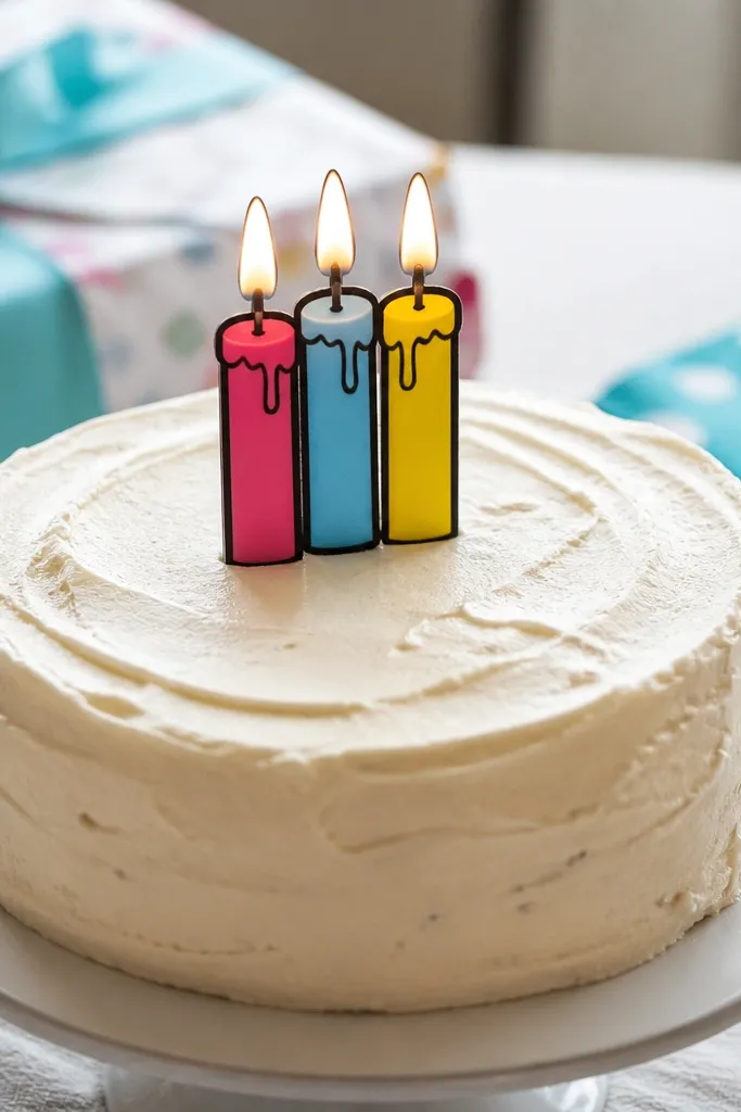 Three drawn candles with colored flames on top of a frosted cake