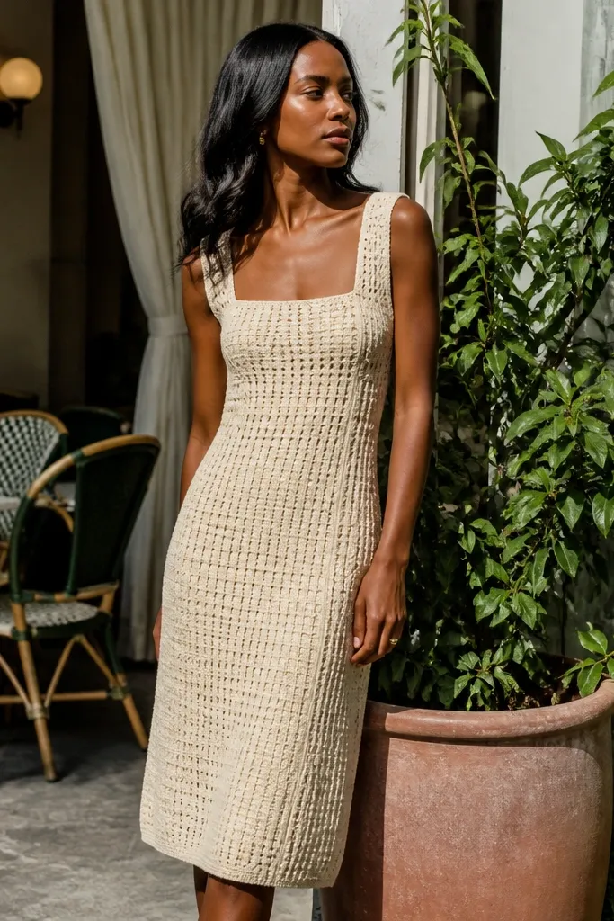 Light beige square-neck crochet slip dress with waffle-texture panels