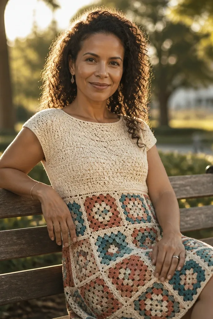 Floral granny square skirt crochet dress with a simple solid bodice