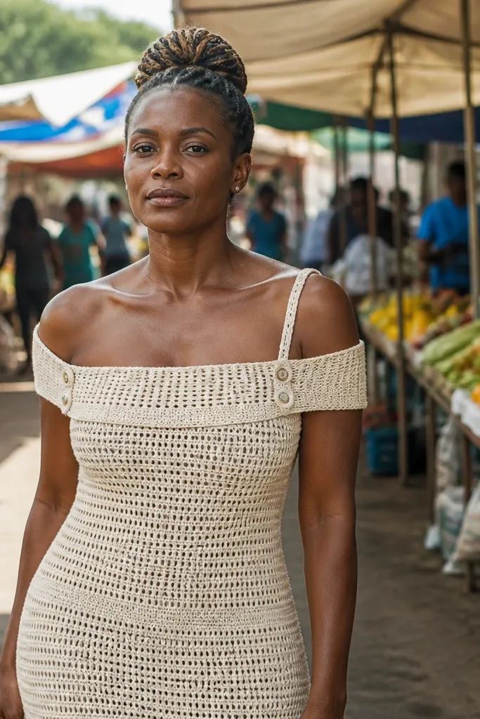 White off-shoulder crochet dress with buttoned shoulder straps