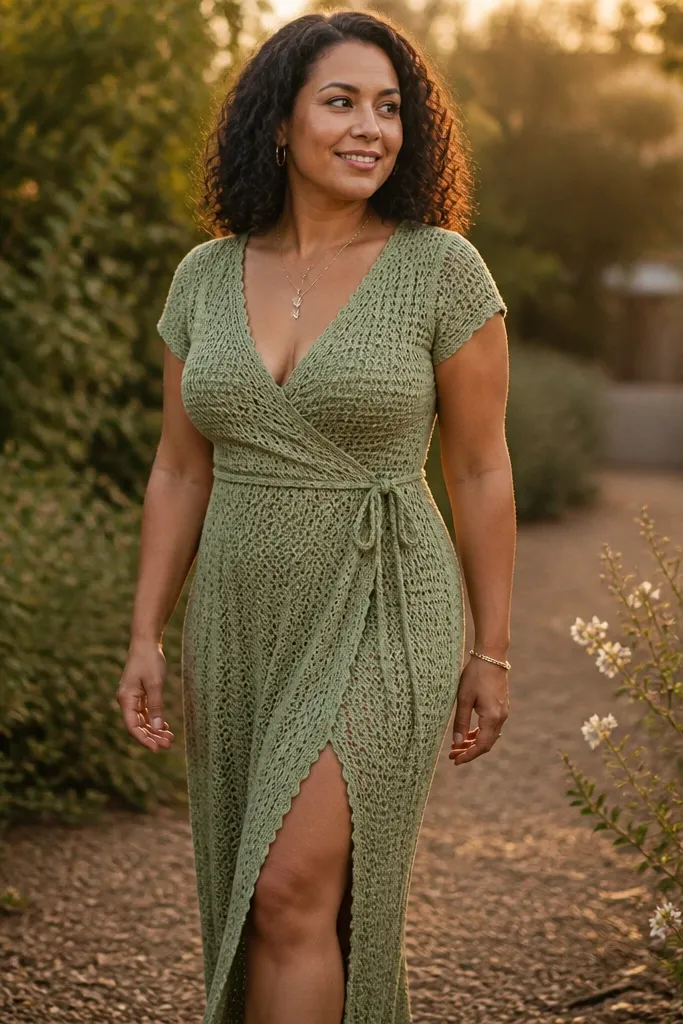 Sand wrap maxi crochet dress with a side slit and long ties