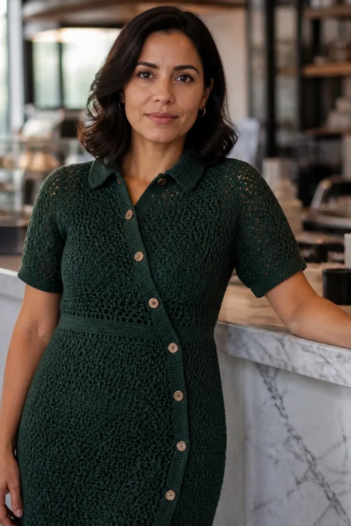 Forest green crochet shirt dress with off-center buttons and waist seam