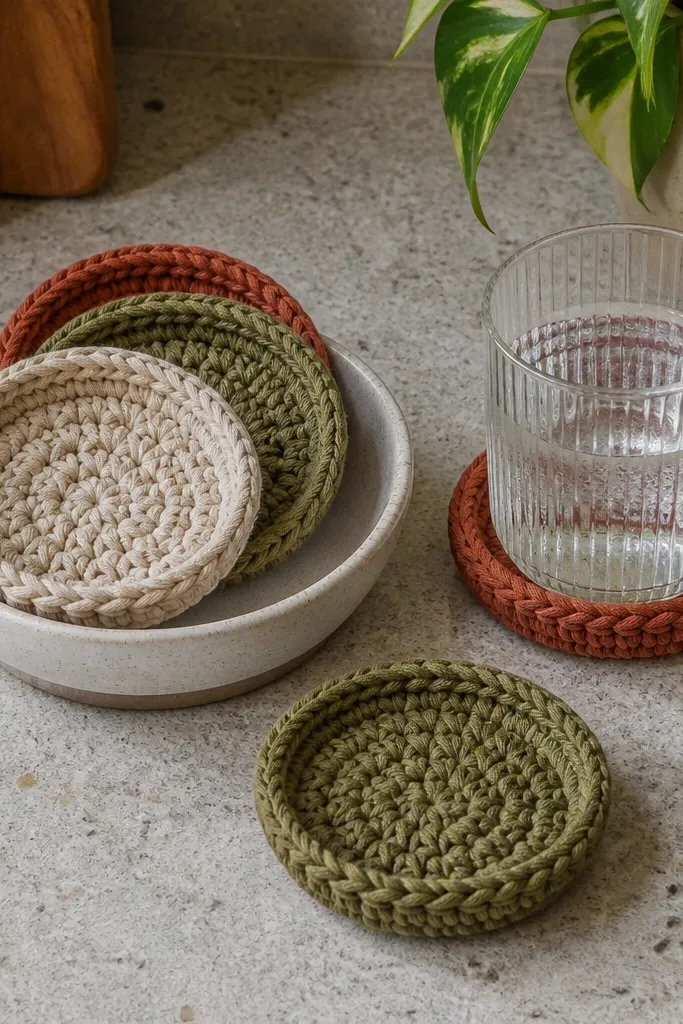 Four thick crochet coasters in neutral tones with woven-looking texture
