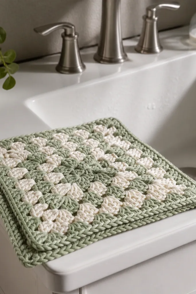 A folded square washcloth with bold granny-style texture and a neat border