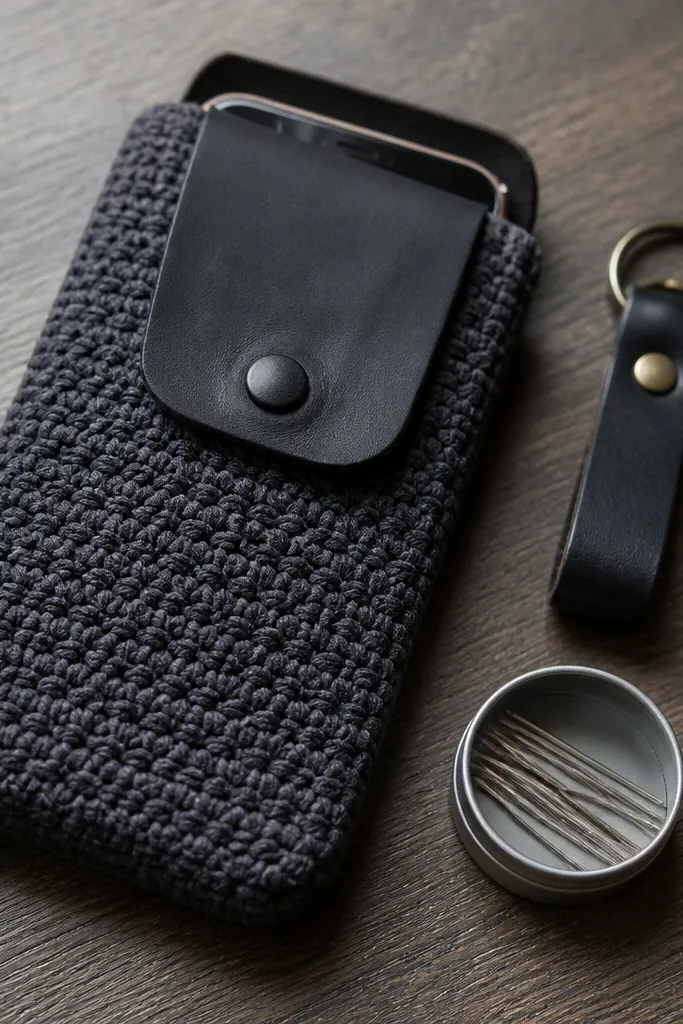 A neat crochet phone sleeve in dark green with a small button closure flap