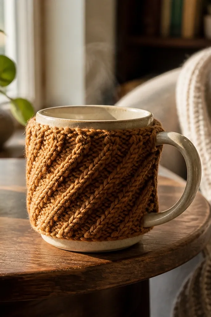 A ribbed mug cozy in warm brown with a twisted texture pattern