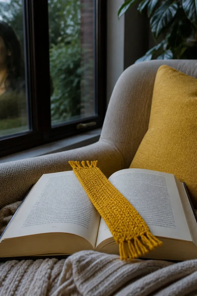 A long crochet bookmark with tassel fringe and a clean top edge