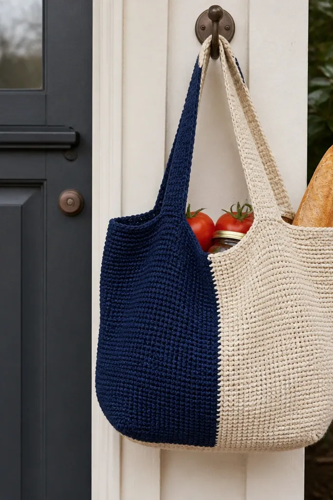 A striped market bag in two yarn colors with sturdy handles