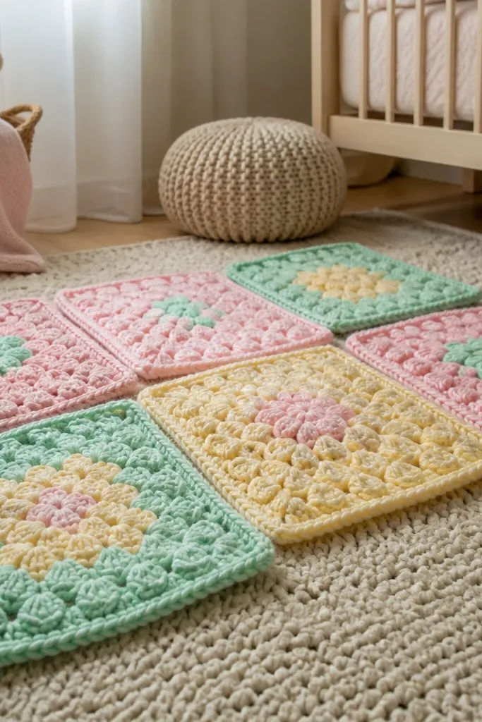 Small square crochet swatches with puff texture in pastel colors