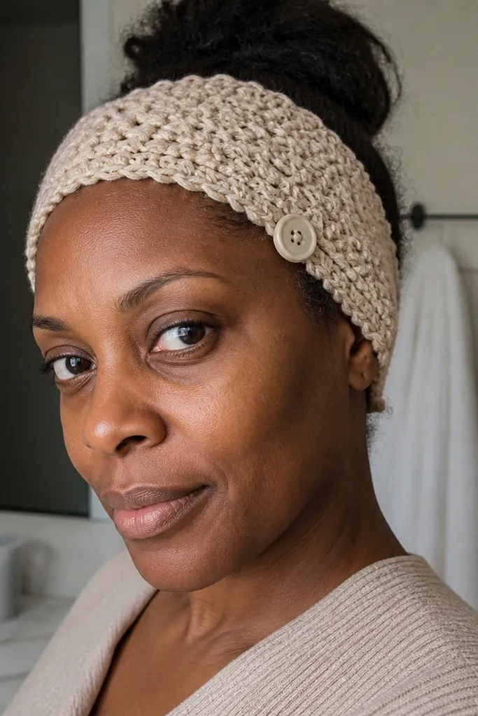 A slim crochet headband in cream with a tiny button accent
